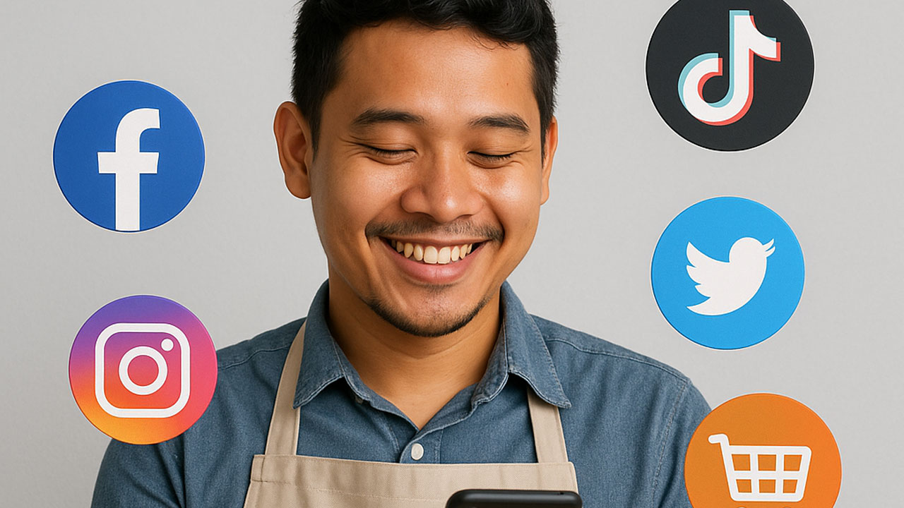 Gambar yang menampilkan seseorang (misalnya pemilik UMKM) yang tersenyum sambil memegang smartphone dengan logo-logo media sosial dan ikon keranjang belanja di sekitarnya
